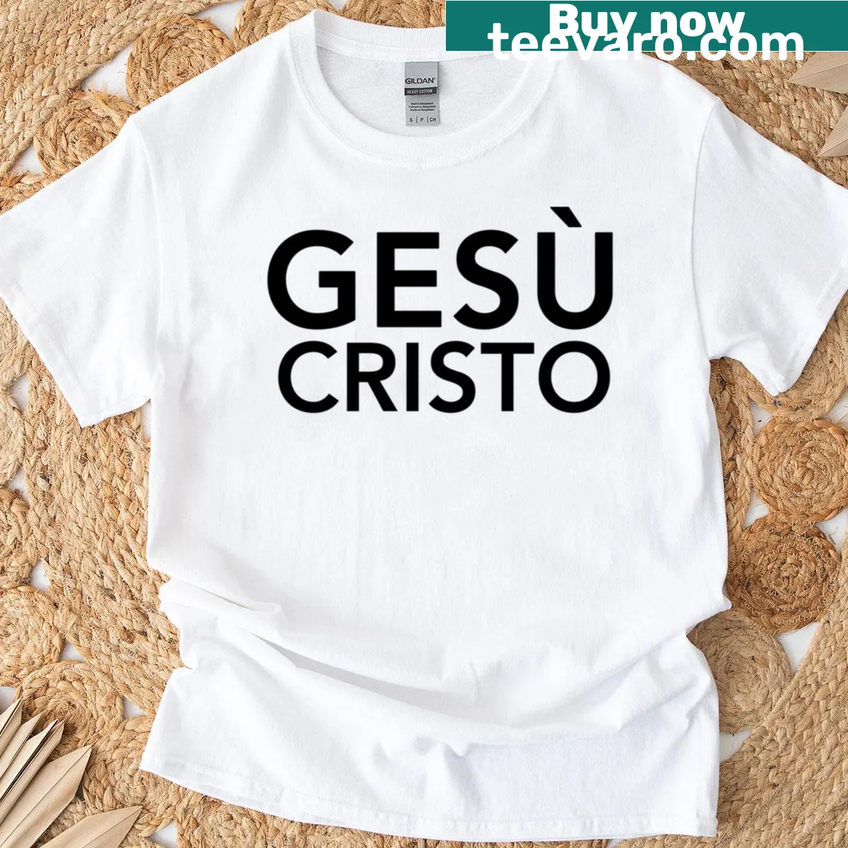 T-shirt featuring 'Italian Jesus Christ' in bold black text. — on a men's t-shirt