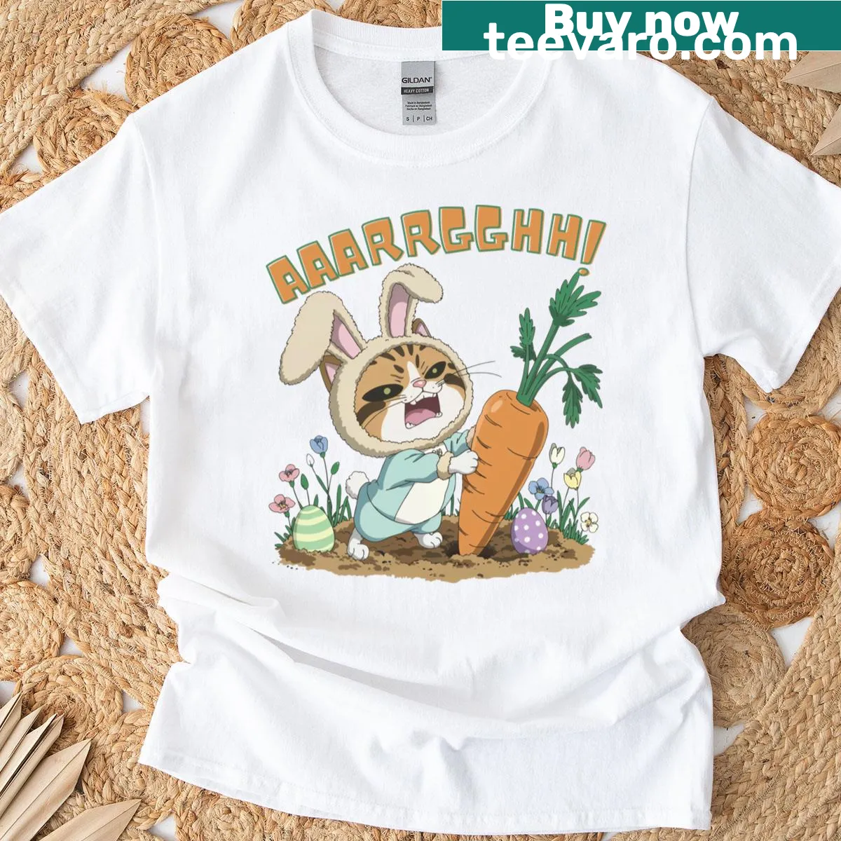 Kawaii chibi cat in bunny costume graphic T-shirt — on a men's t-shirt