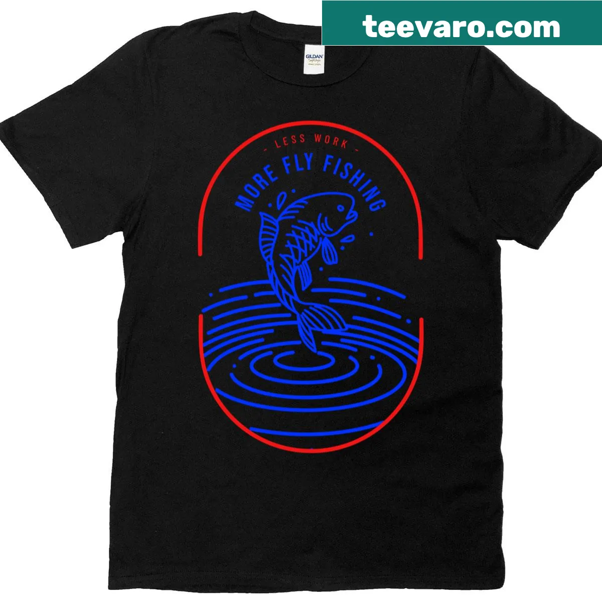 Funny T-shirt with the phrase 'Less Work More Fly Fishing' — on a men's t-shirt