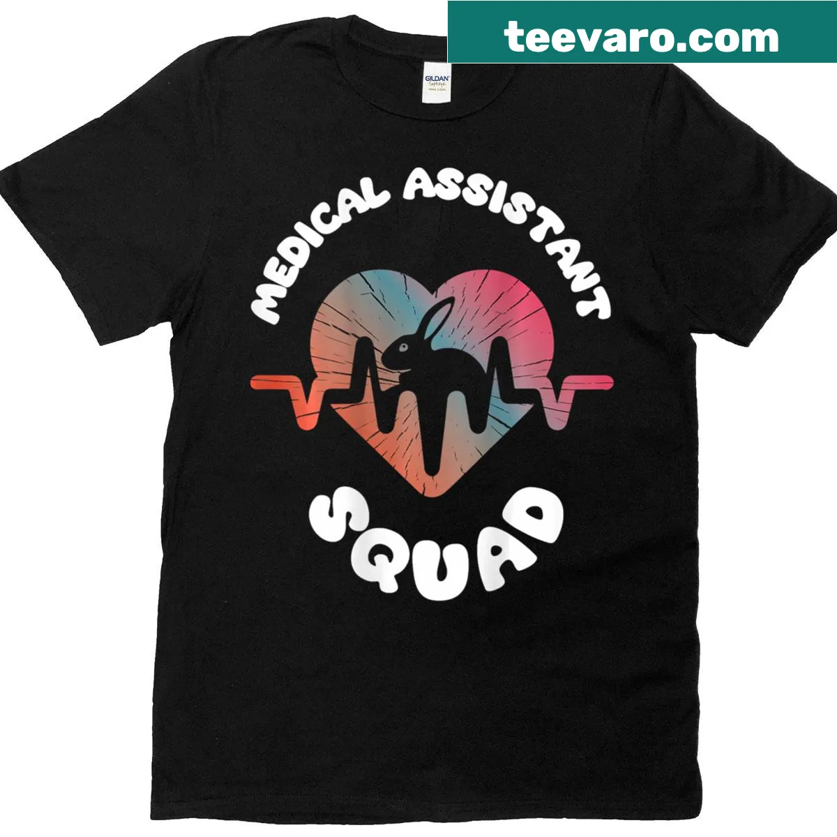 Cute bunny graphic representing medical assistants on a t-shirt — on a men's t-shirt