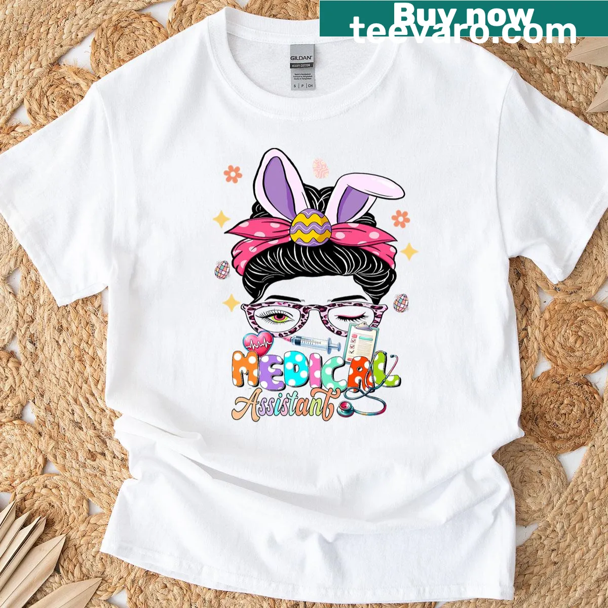 Bunny ears and flower crown graphic on Medical Assistant T-shirt — on a men's t-shirt