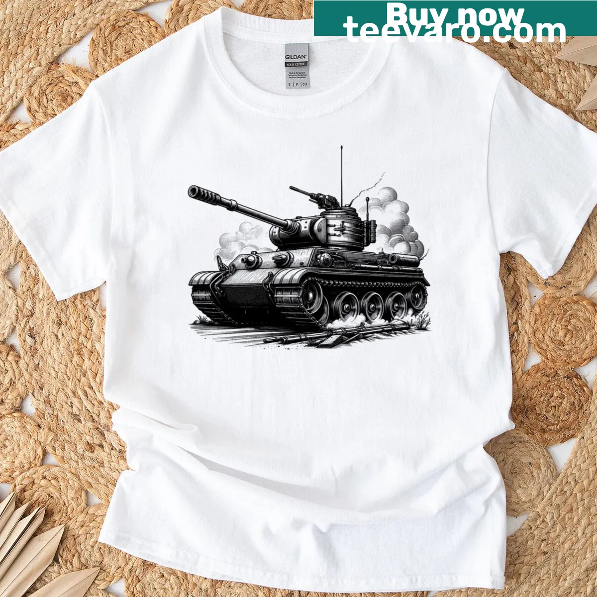Illustrated military tanks graphic on a T-shirt — on a men's t-shirt