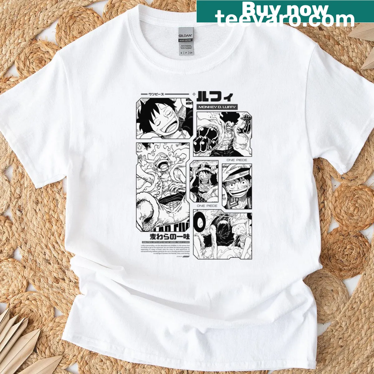 Black and white t-shirt featuring Monkey D. Luffy from One Piece manga — on a men's t-shirt