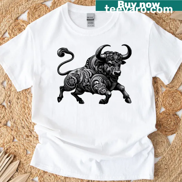 Intricate Taurus bull graphic representing zodiac sign on T-shirt