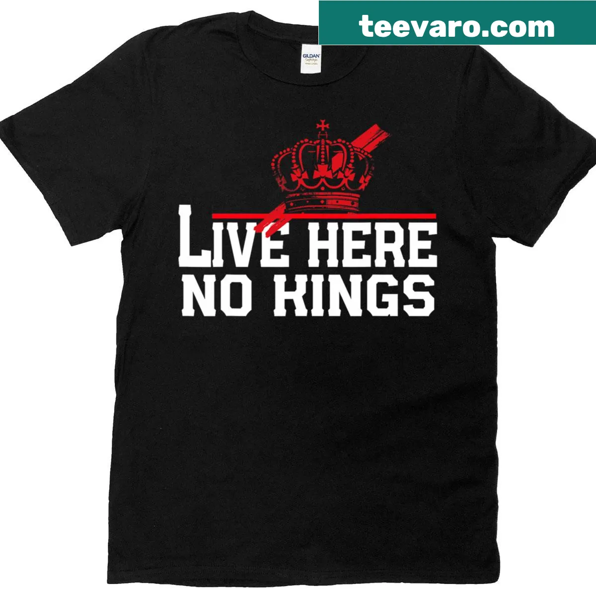 Bold message 'No Kings Live Here' on a political T-shirt — on a men's t-shirt
