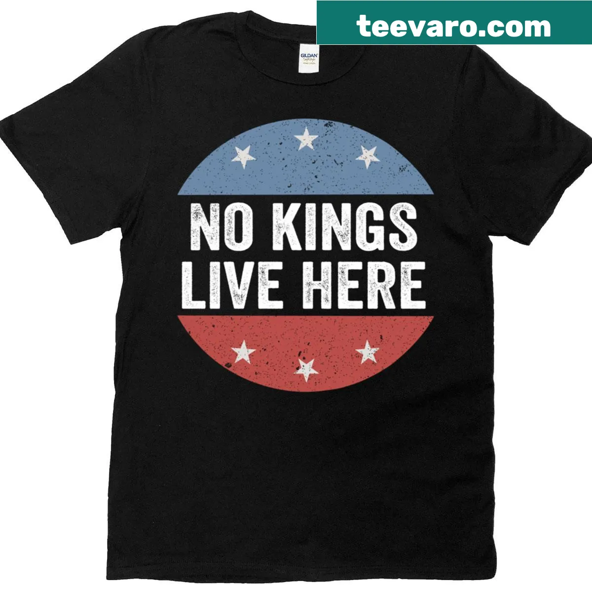 Vintage-style T-shirt with distressed text 'No Kings Live Here' — on a men's t-shirt