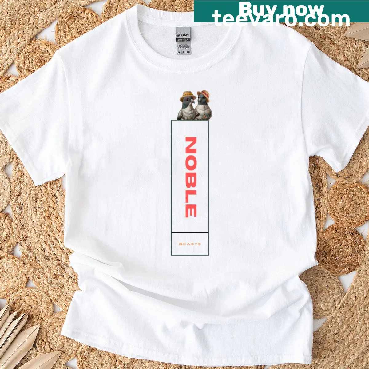 Cartoon T-shirt featuring playful pigeons enjoying a day out — on a men's t-shirt