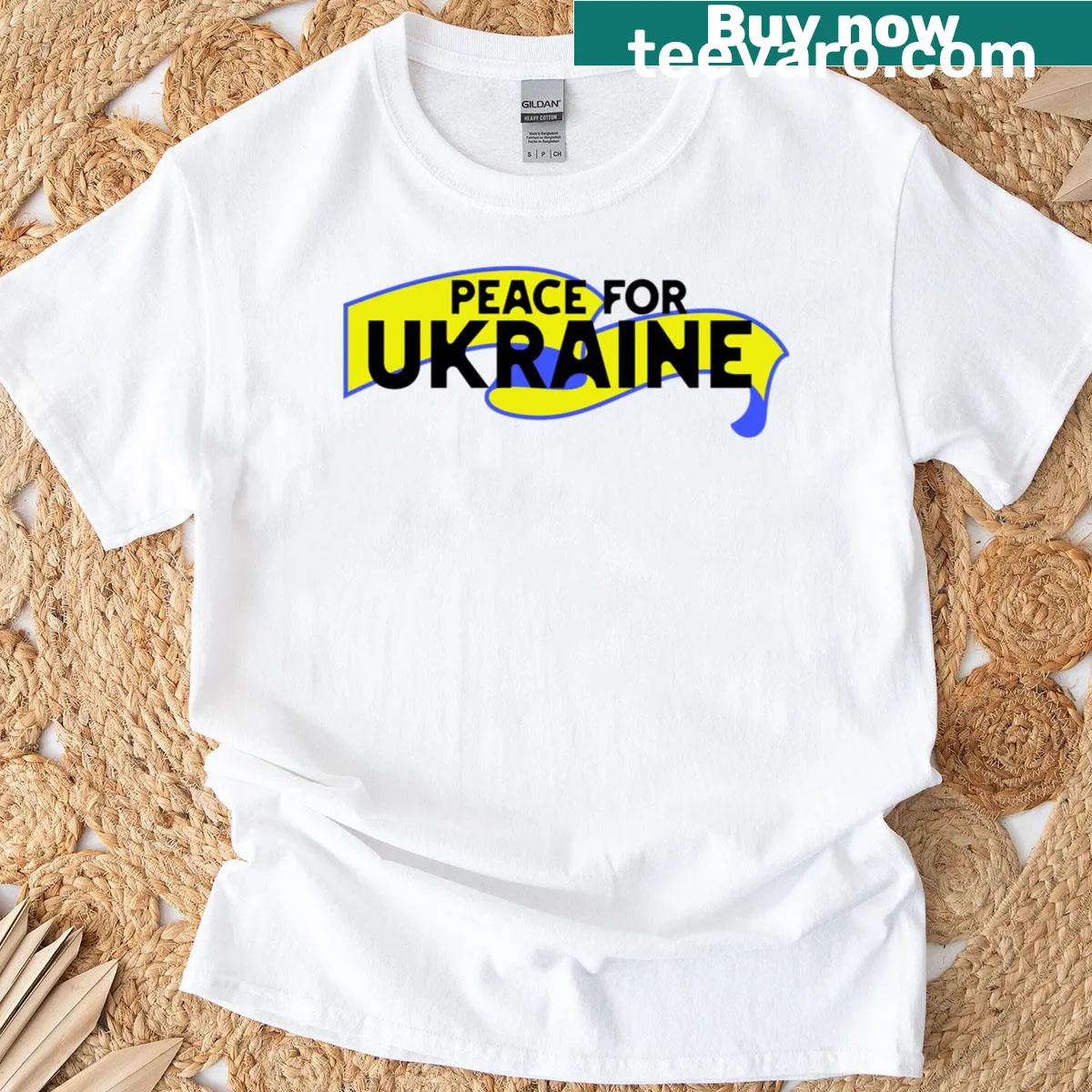 T-shirt featuring the message Peace For Ukraine with Ukrainian flag — on a men's t-shirt