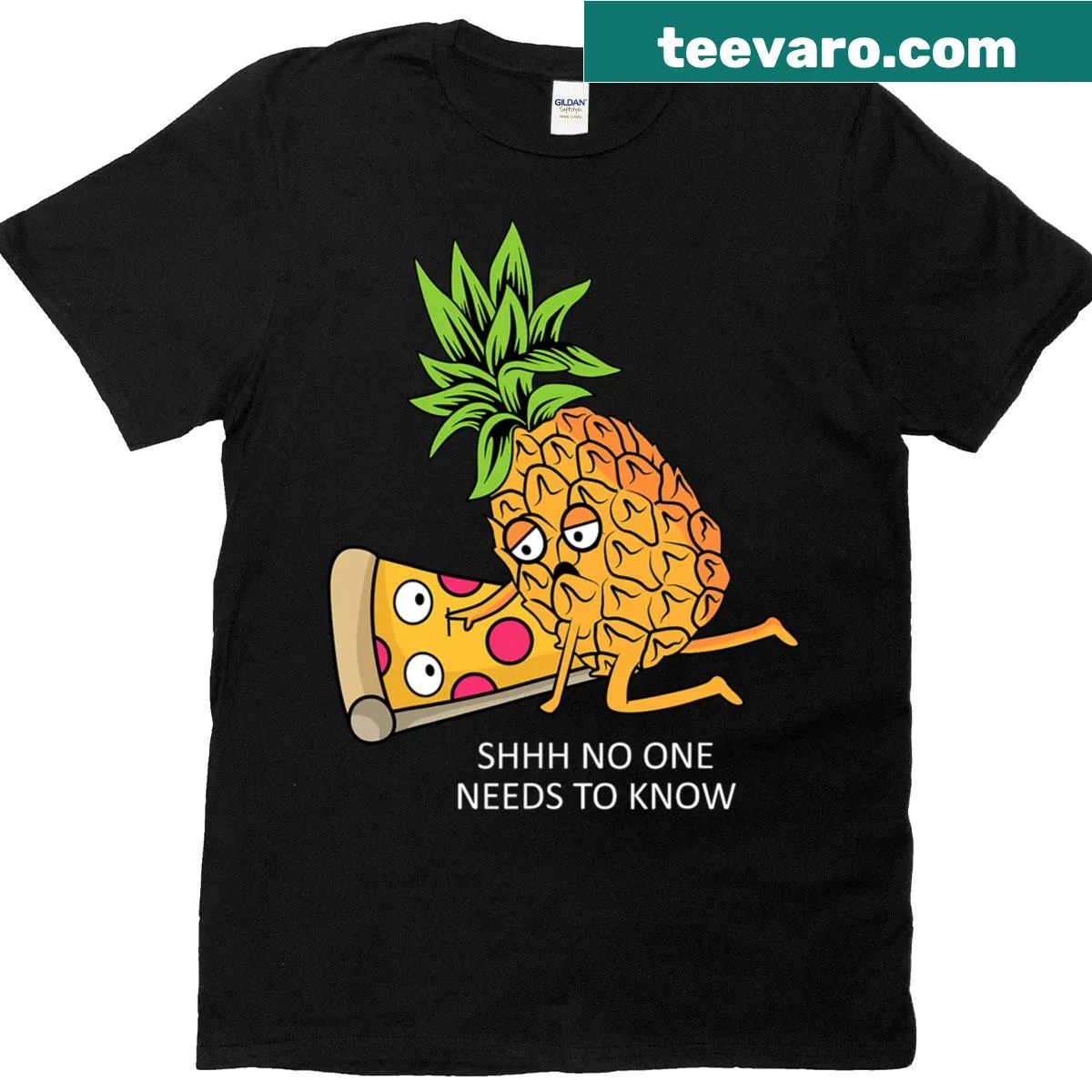 Funny food pun T-shirt declaring pineapple belongs on pizza — on a men's t-shirt