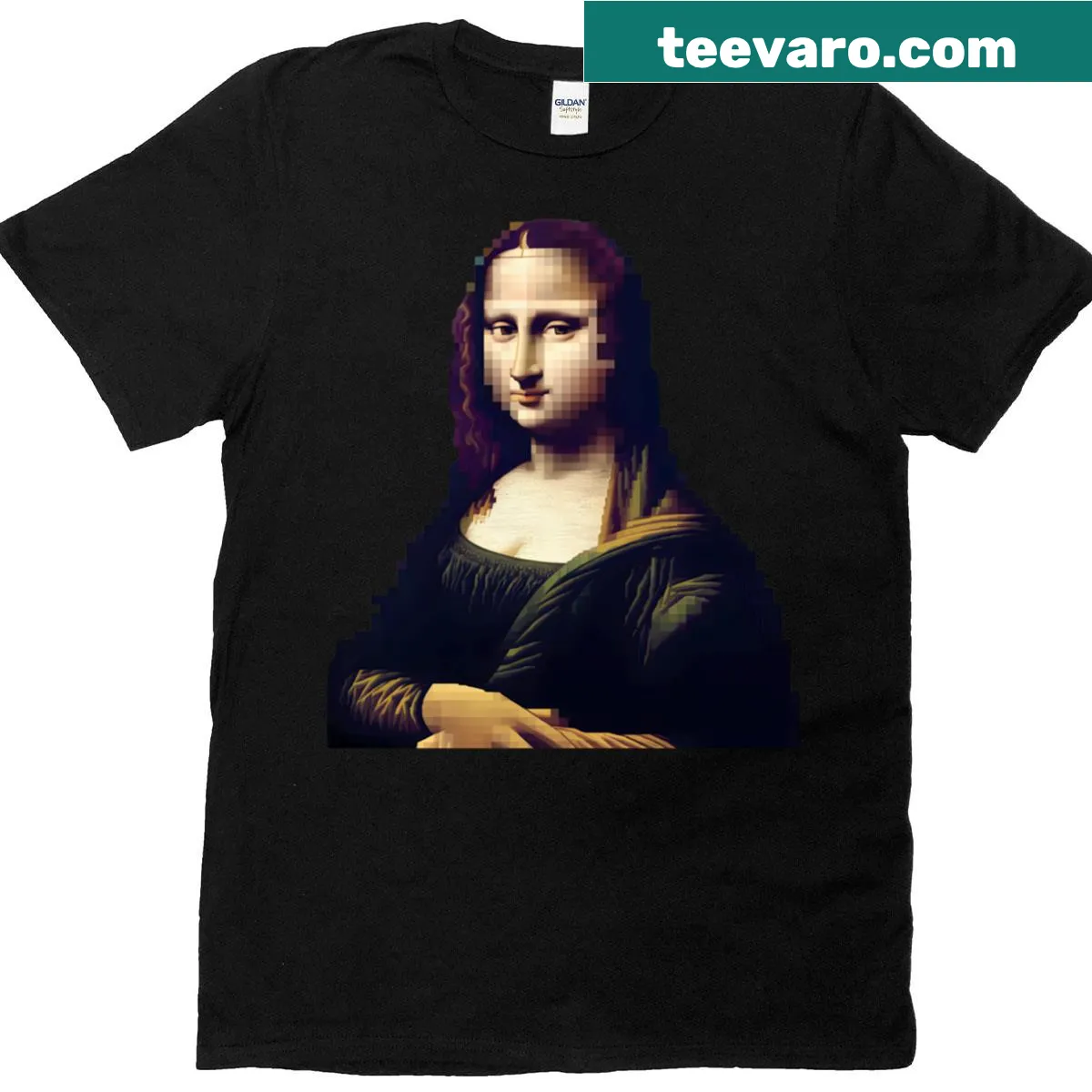 Pixelated rendition of Mona Lisa illustrated on a T-shirt — on a men's t-shirt