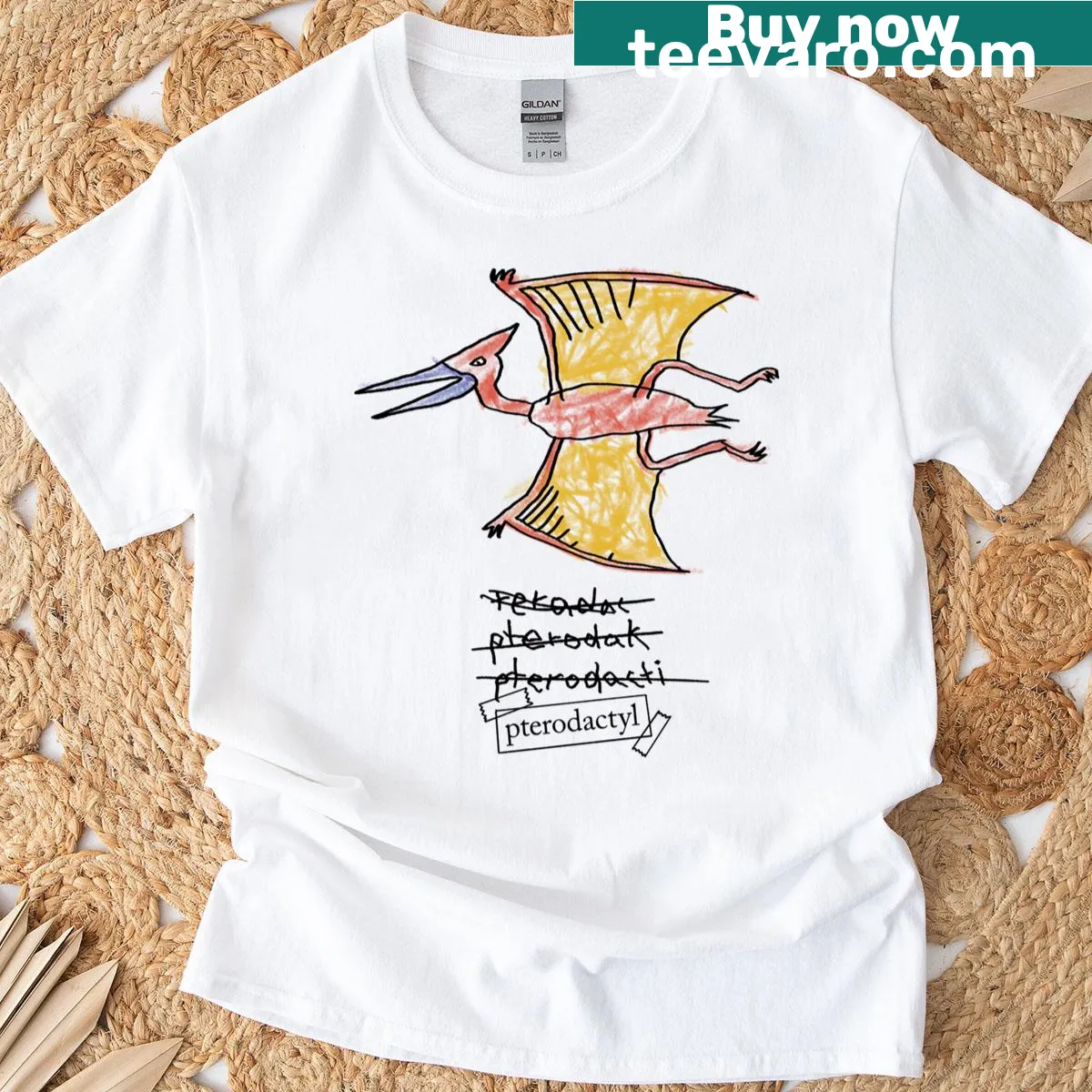 Illustration of a pterodactyl in crayon on a t-shirt — on a men's t-shirt