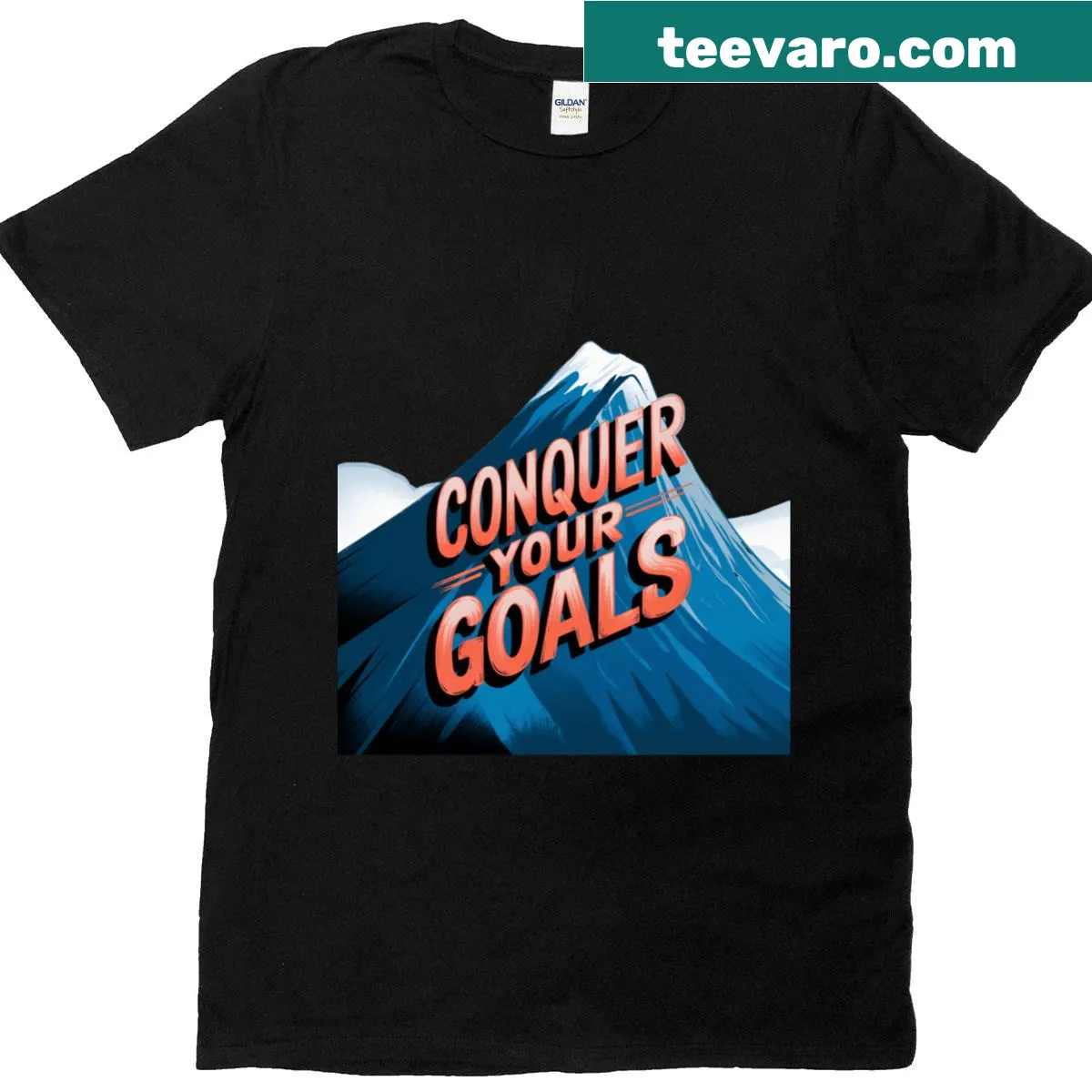 T-shirt with motivational text 'Reach New Heights Conquer Your Goals'. — on a men's t-shirt