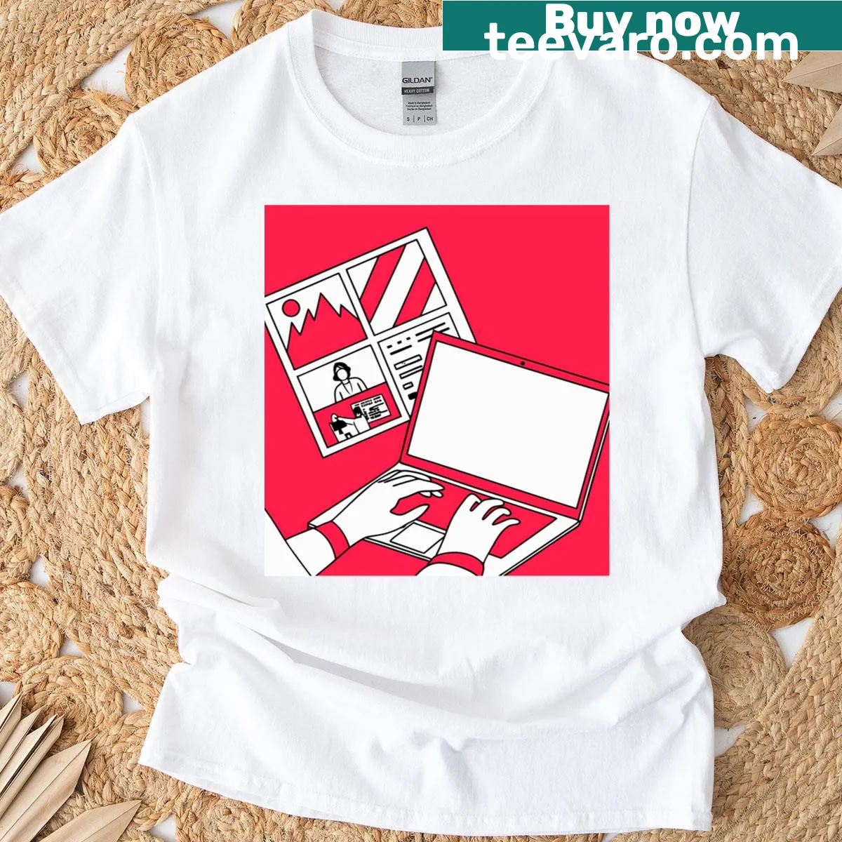 Minimalist line-art T-shirt with digital illustration — on a men's t-shirt