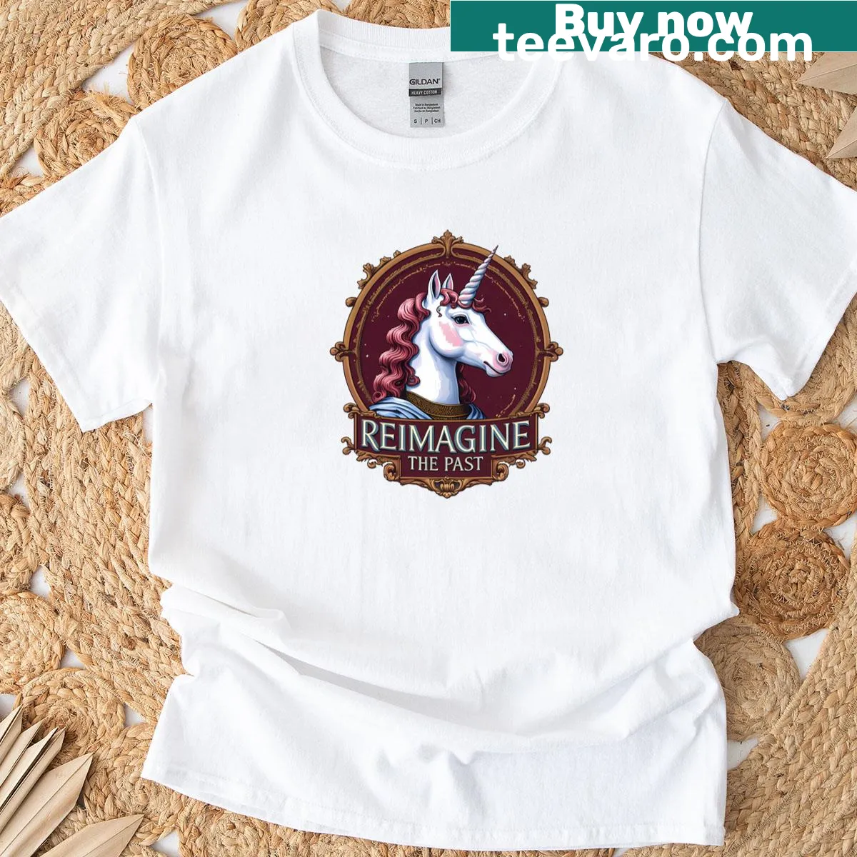 T-shirt featuring an illustrated unicorn alongside the phrase 'Reimagine The Past'. — on a men's t-shirt