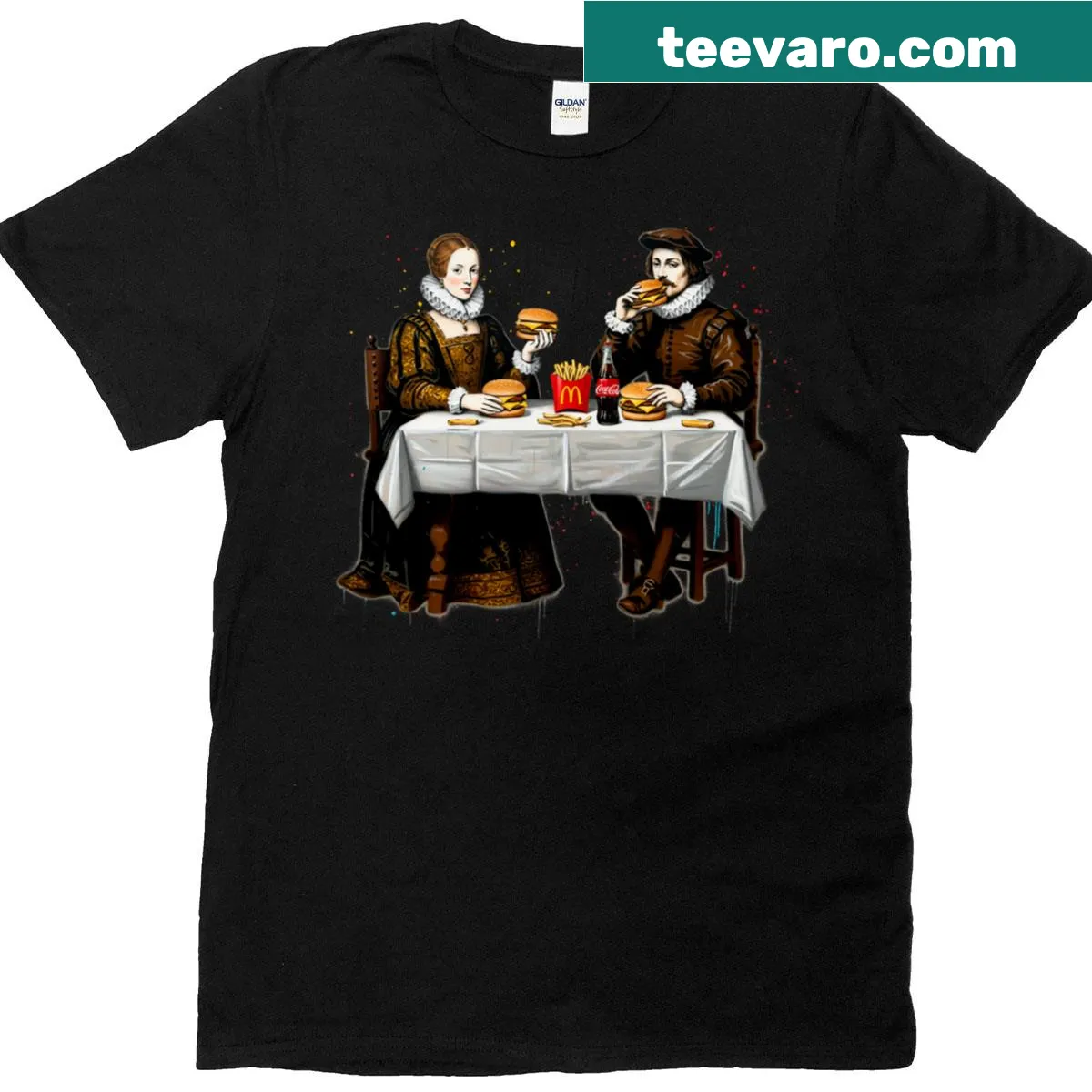 T-shirt depicting a Renaissance banquet theme with modern illustrations celebrating food. — on a men's t-shirt