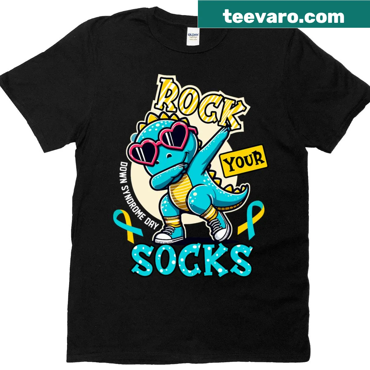 Dinosaur illustration T-shirt for Down Syndrome Awareness — on a men's t-shirt