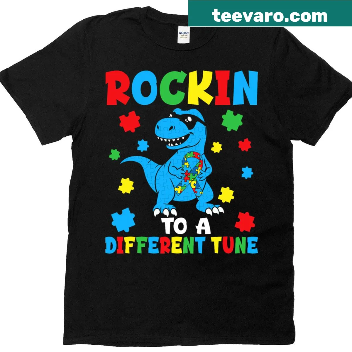 Dinot Rex graphic promoting Autism Awareness on a kids' t-shirt — on a men's t-shirt