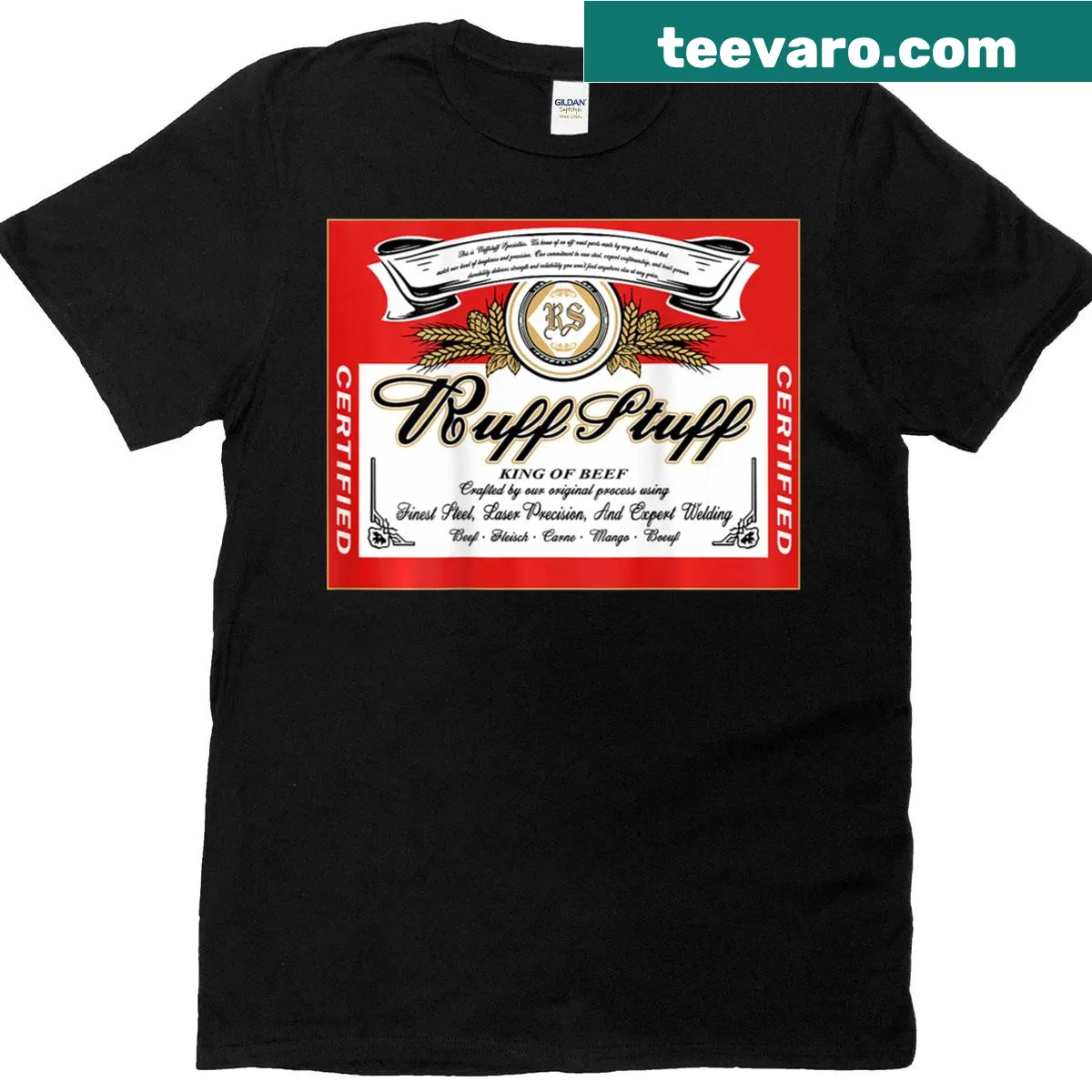 Playful cartoon King Of Beef T-shirt with grilling theme — on a men's t-shirt
