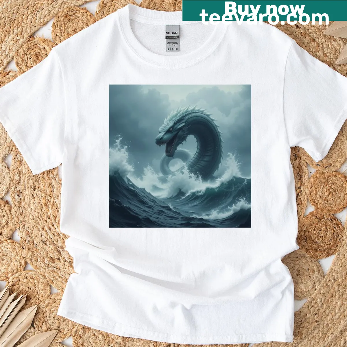 Illustrative t-shirt of a sea serpent amidst stormy waves — on a men's t-shirt