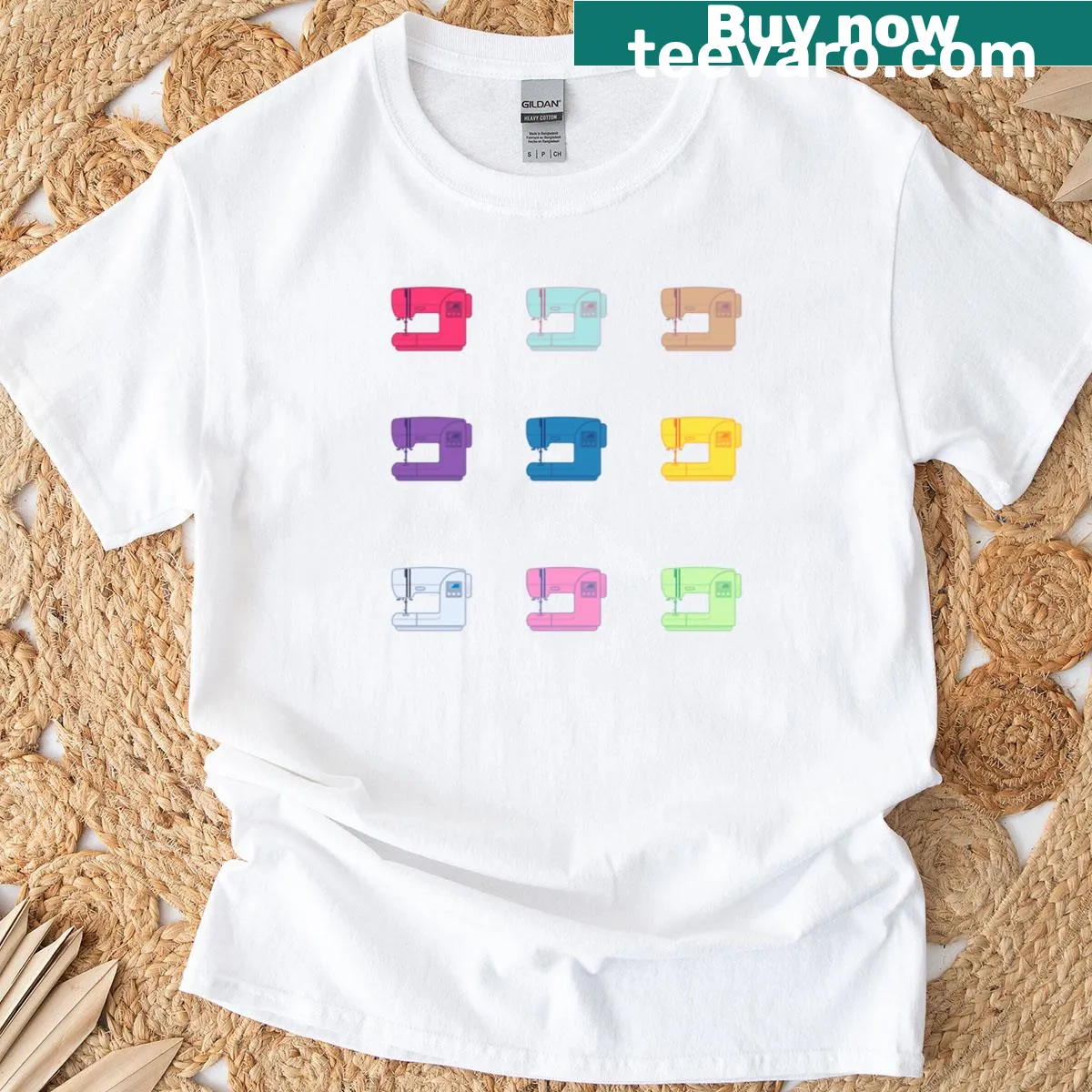 Sewing machine and pack stickers graphic on a t-shirt — on a men's t-shirt