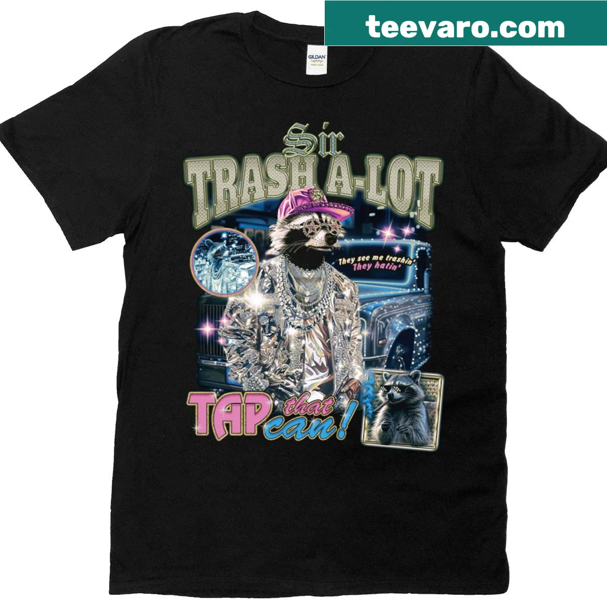 Vintage raccoon illustration with hip-hop style and humorous text — on a men's t-shirt