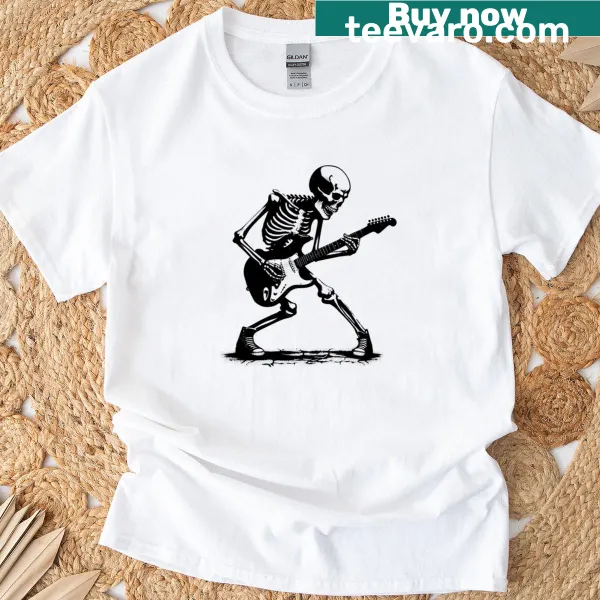 Skeleton guitarist illustration with graffiti-style elements