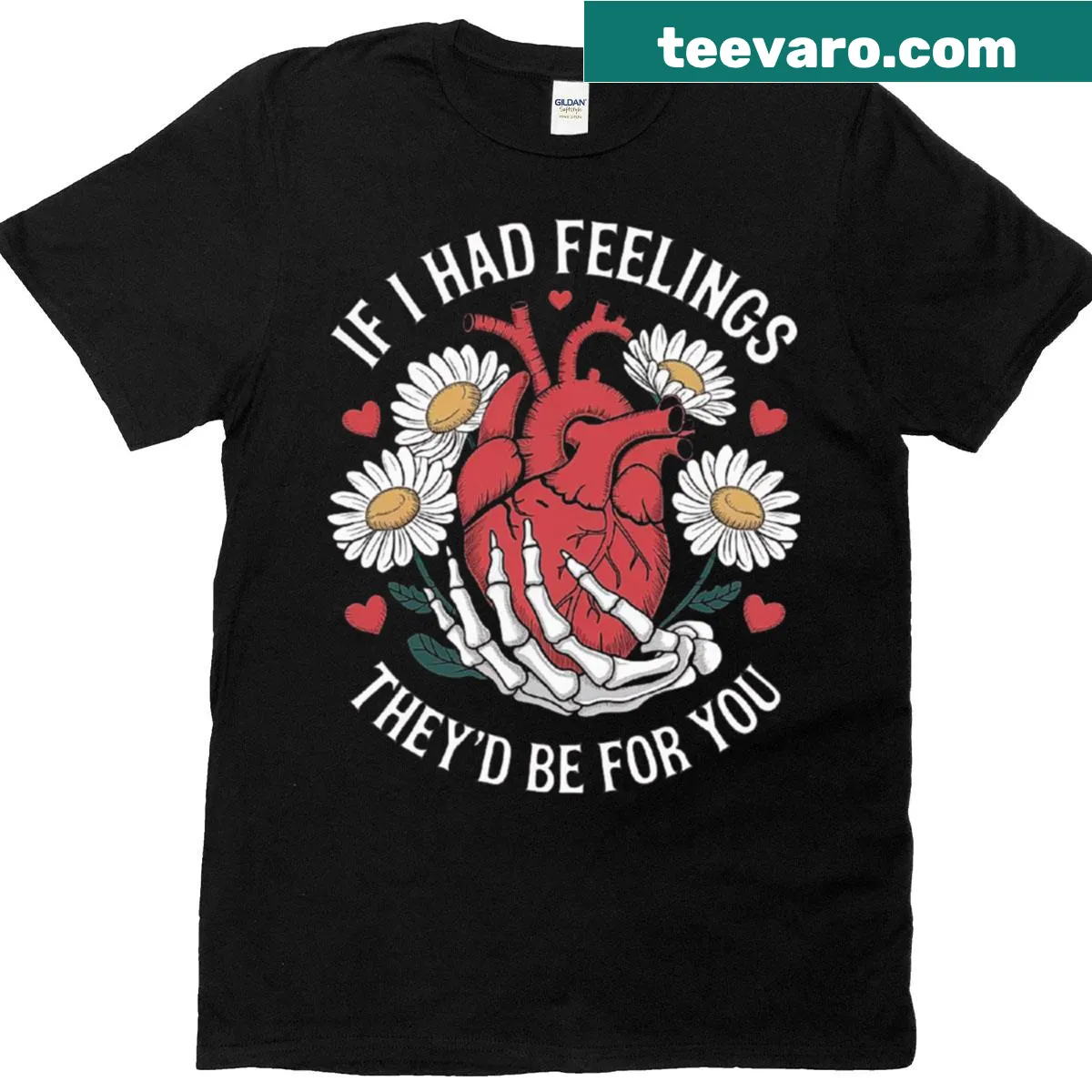 Skeleton hand holding a heart with a love quote — on a men's t-shirt