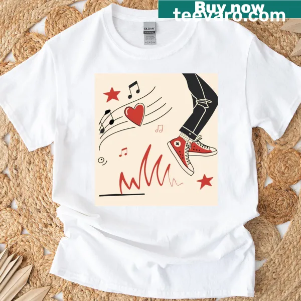 Colorful digital illustrations of music elements on a t-shirt