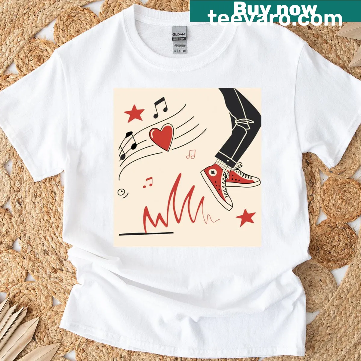 Colorful digital illustrations of music elements on a t-shirt — on a men's t-shirt