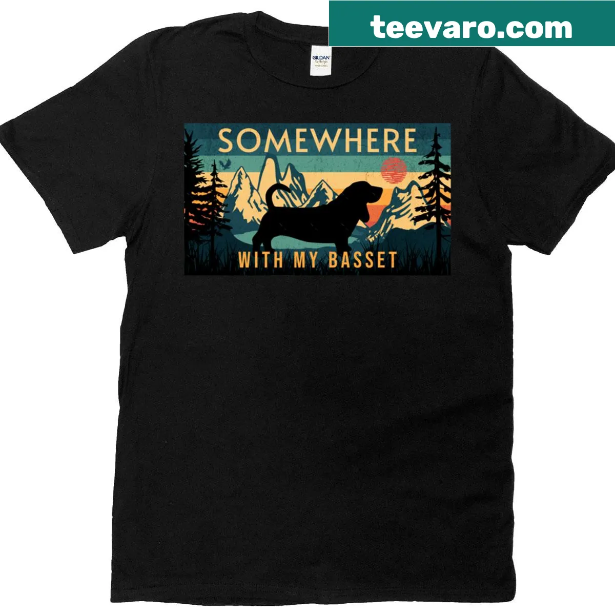 Vintage-style camping T-shirt featuring a basset hound — on a men's t-shirt