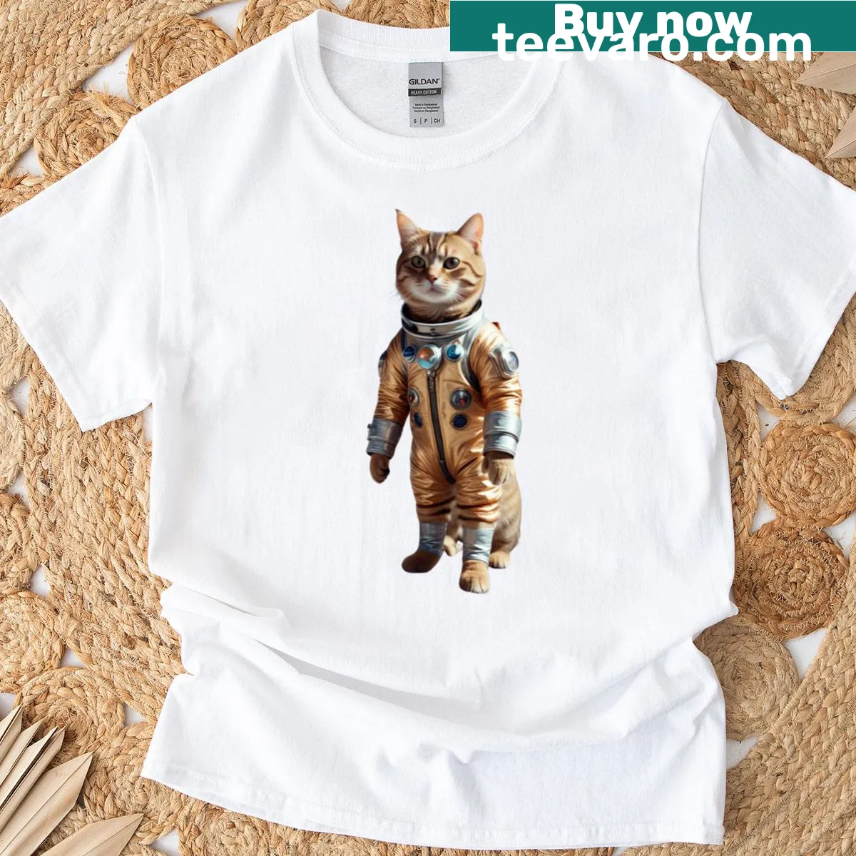 Illustration of a cat in a space suit exploring space — on a men's t-shirt