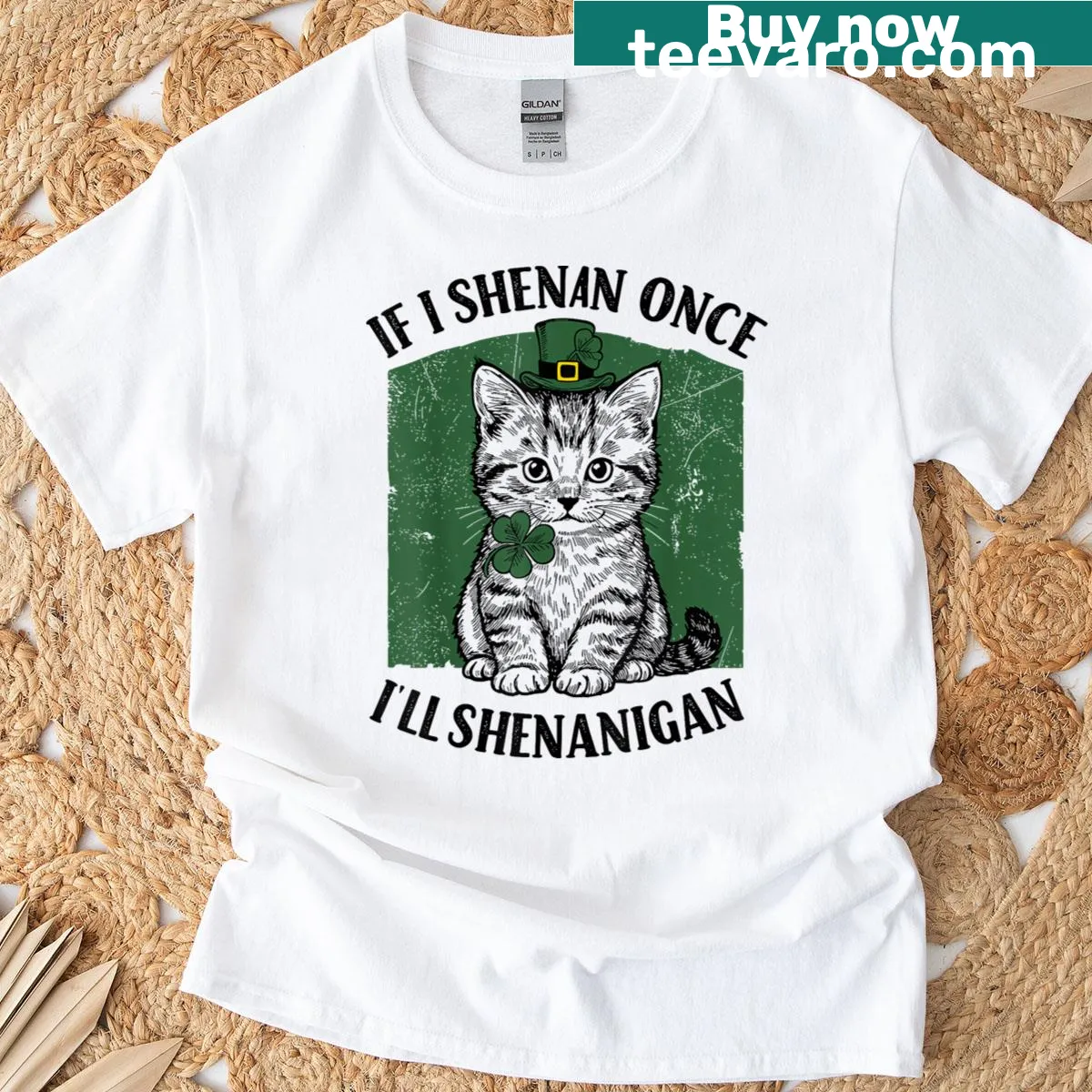 Funny St. Patrick's Day cat t-shirt with the phrase 'If I Shenan Once I'll Shenanigan' — on a men's t-shirt