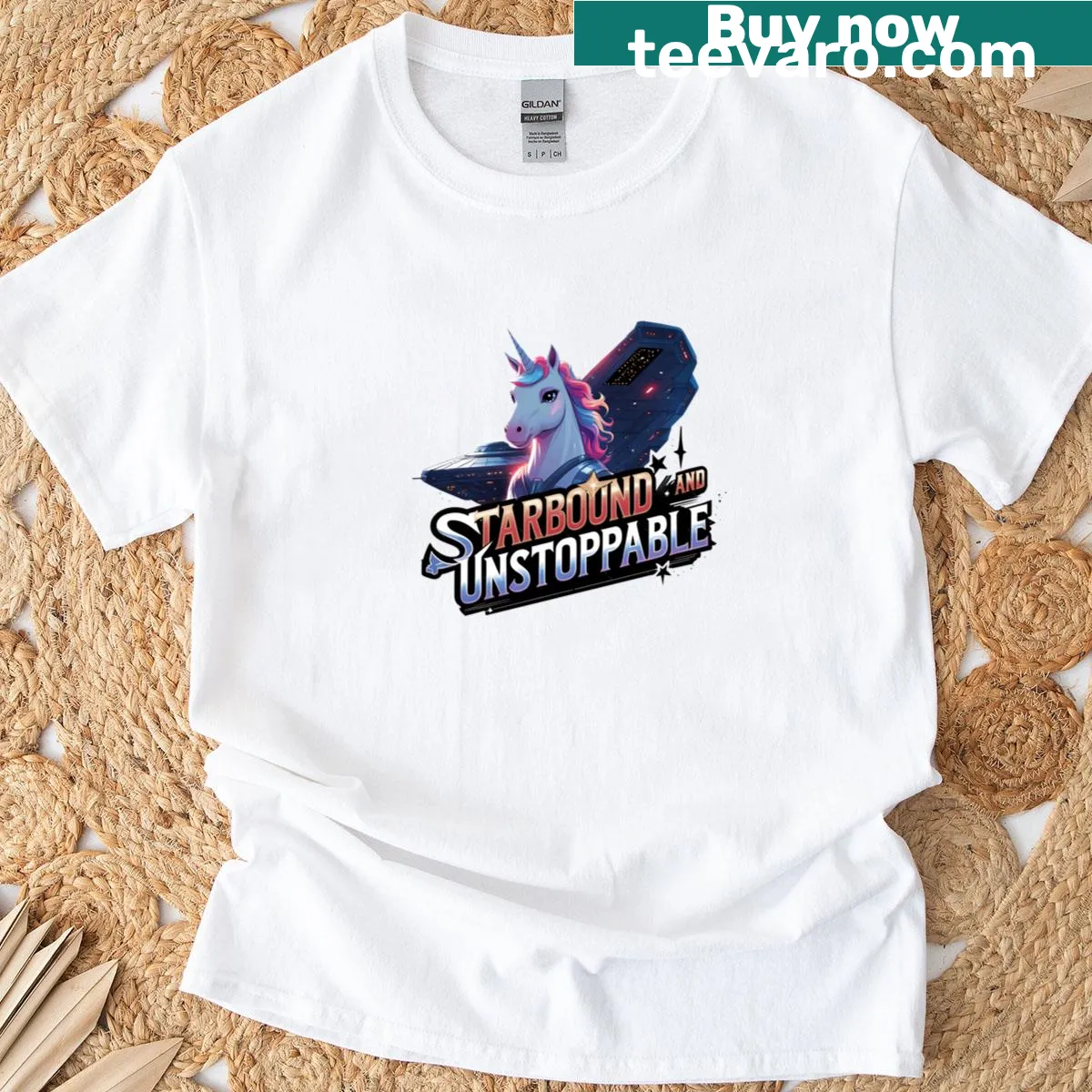 Whimsical unicorn graphic soaring through stars on a T-shirt — on a men's t-shirt