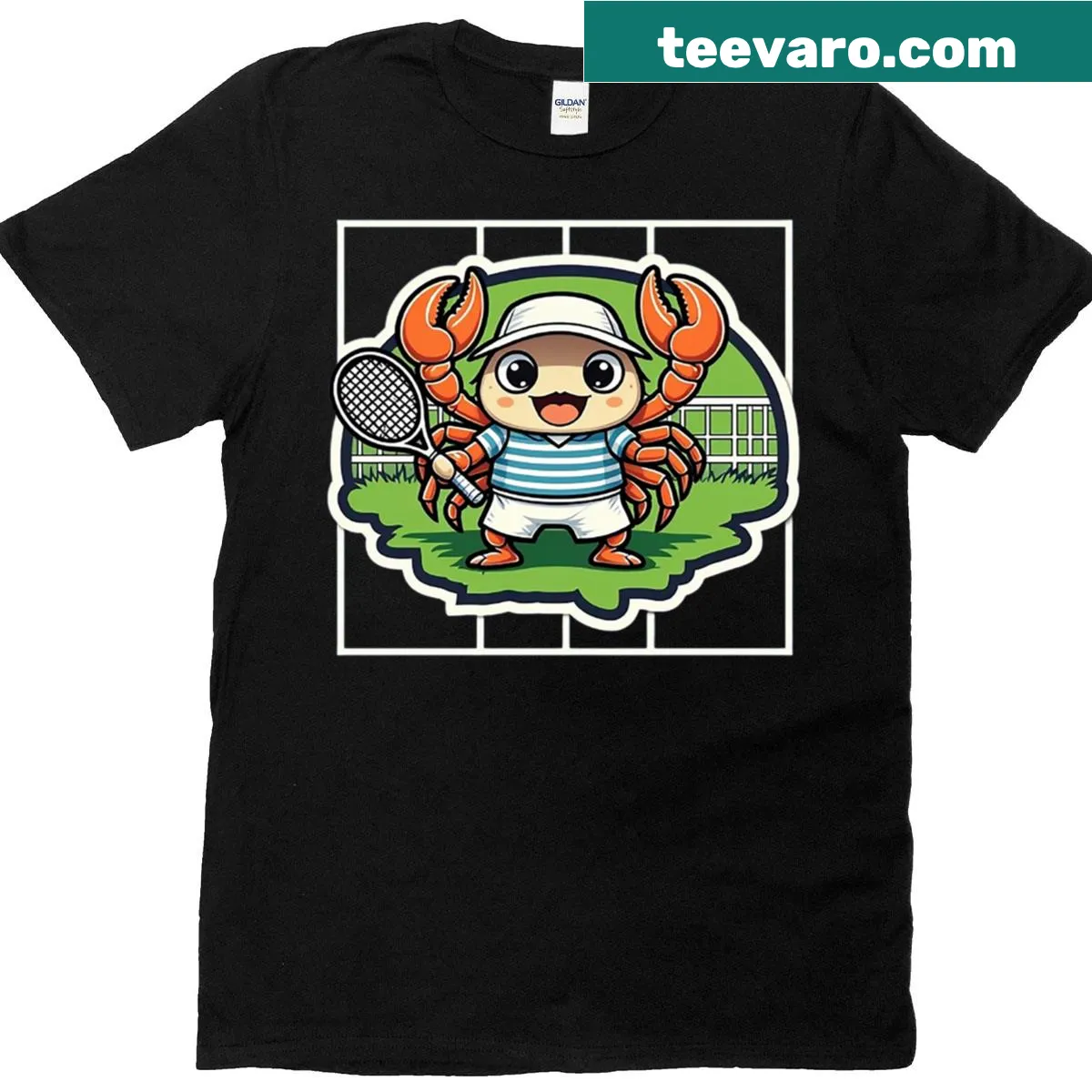 Cartoon crab with a tennis racket on a t-shirt — on a men's t-shirt