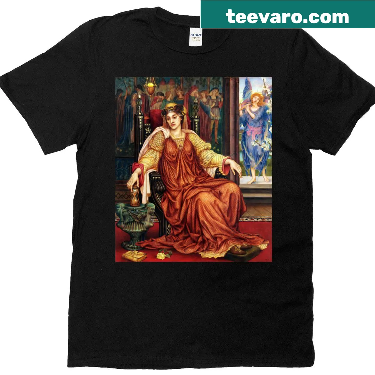 Artistic t-shirt featuring an hourglass design inspired by Evelyn De Morgan — on a men's t-shirt