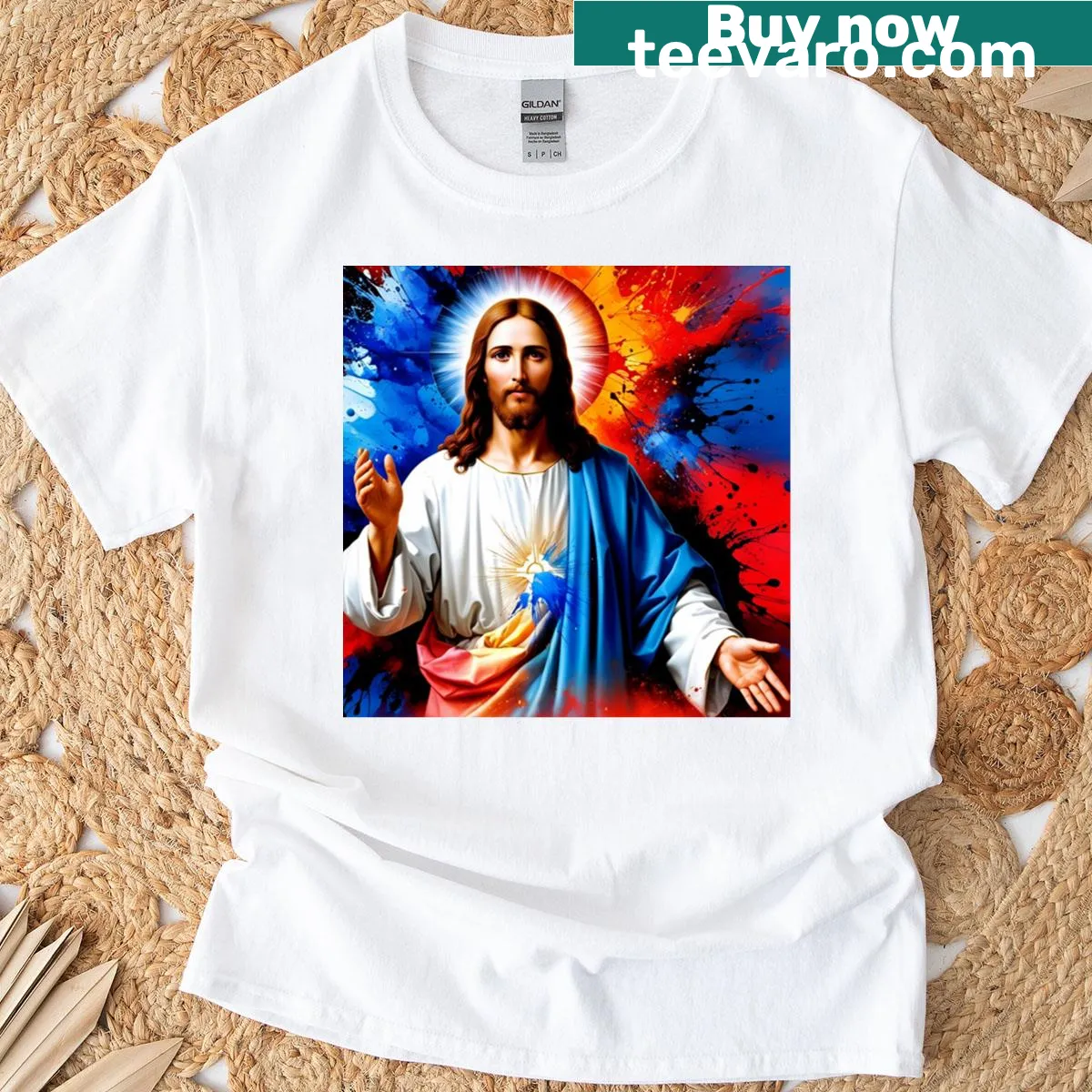 Text graphic saying 'There's Only One God Jesus Christ' on a t-shirt — on a men's t-shirt