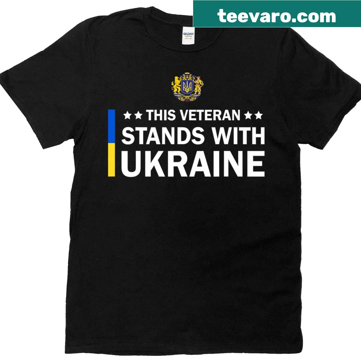 Patriotic T-shirt stating 'This Veteran Stands With Ukraine' — on a men's t-shirt