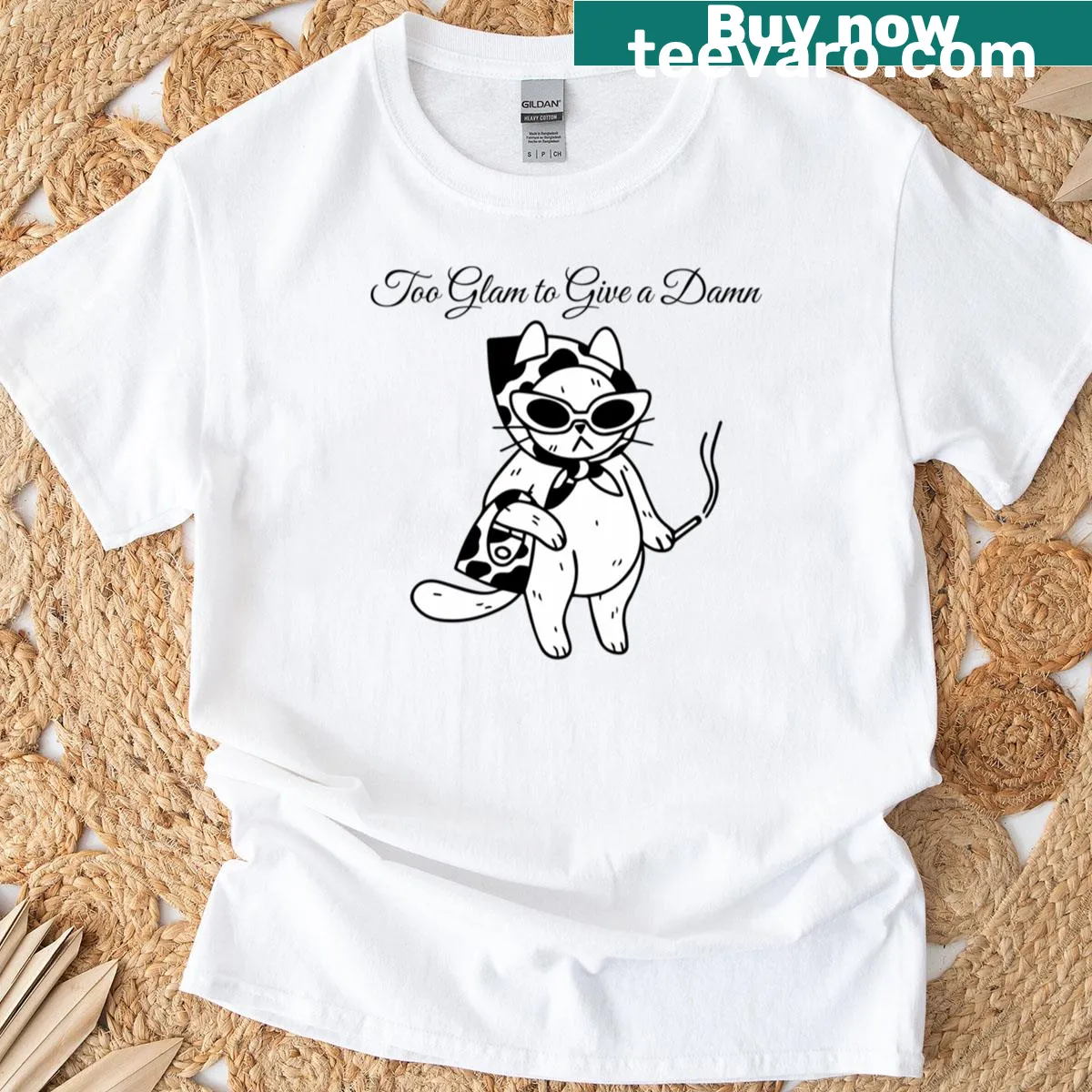 Sassy T-shirt with a cartoon cat and the phrase 'Too Glam To Give A Damn' — on a men's t-shirt