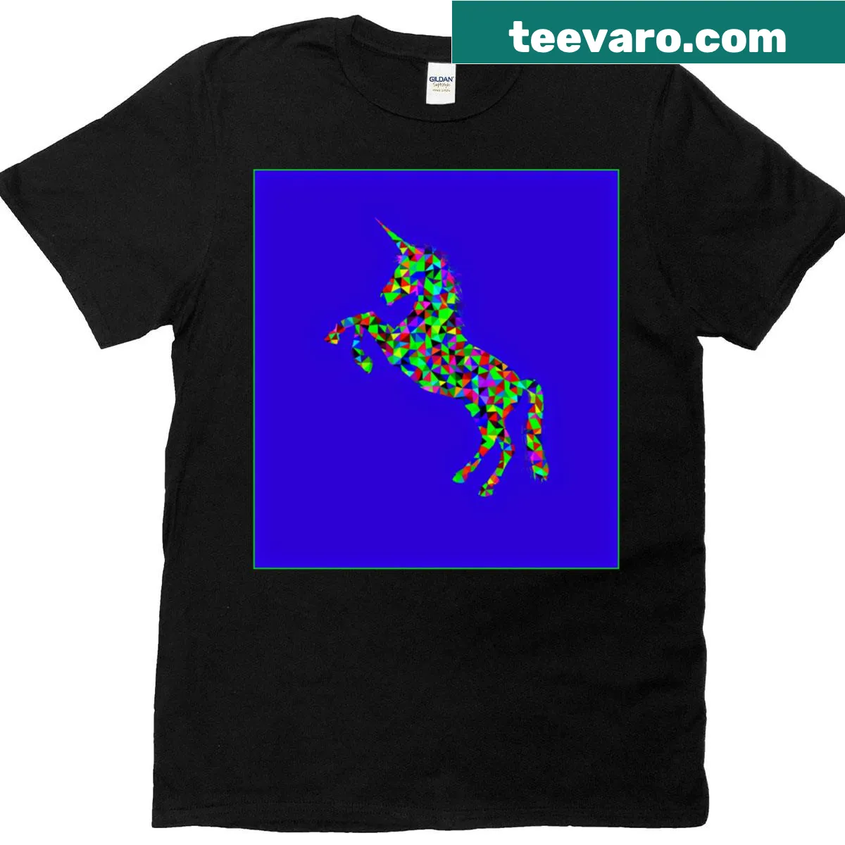 Whimsical unicorn illustration on a blue t-shirt — on a men's t-shirt