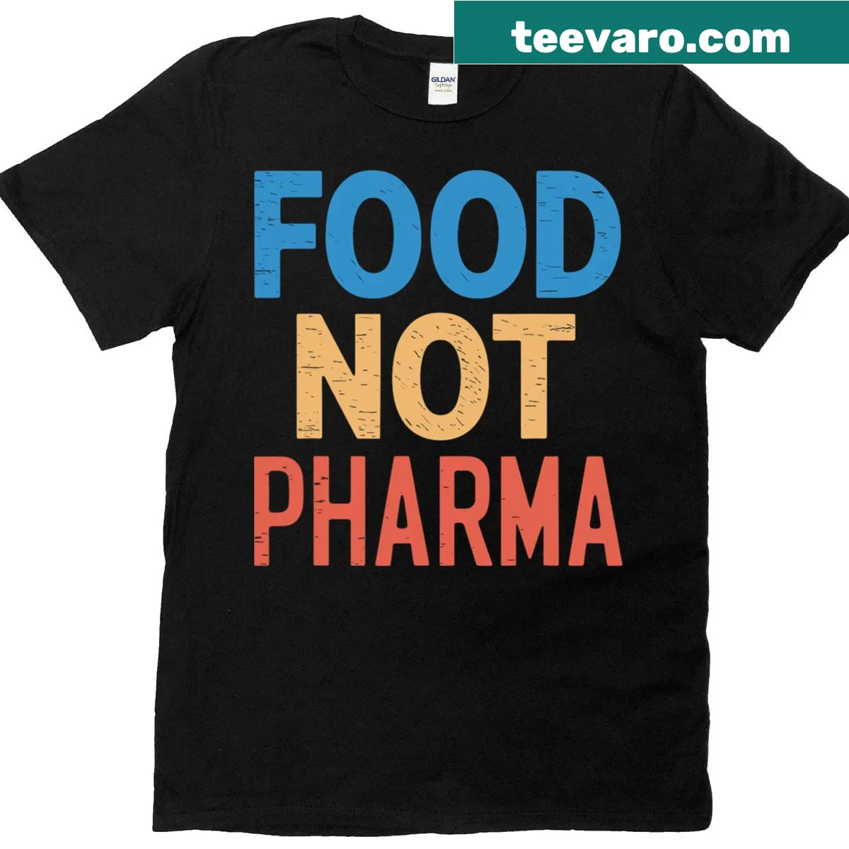 Vintage t-shirt with food not pharma message — on a men's t-shirt