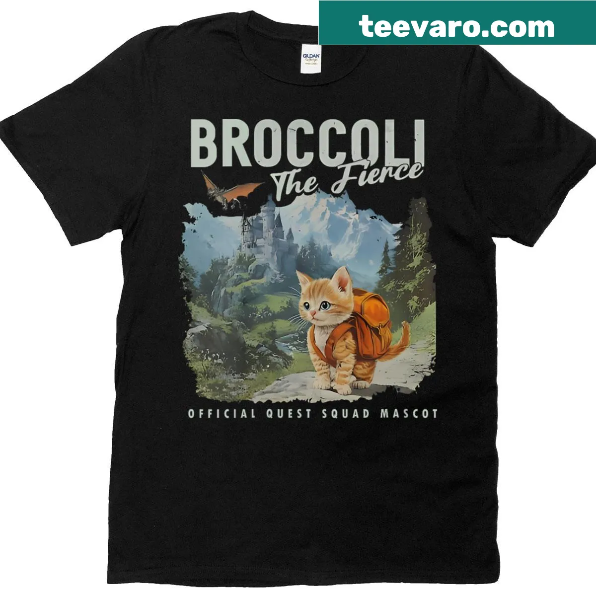 Illustration of a cat leading a broccoli-themed fantasy squad — on a men's t-shirt