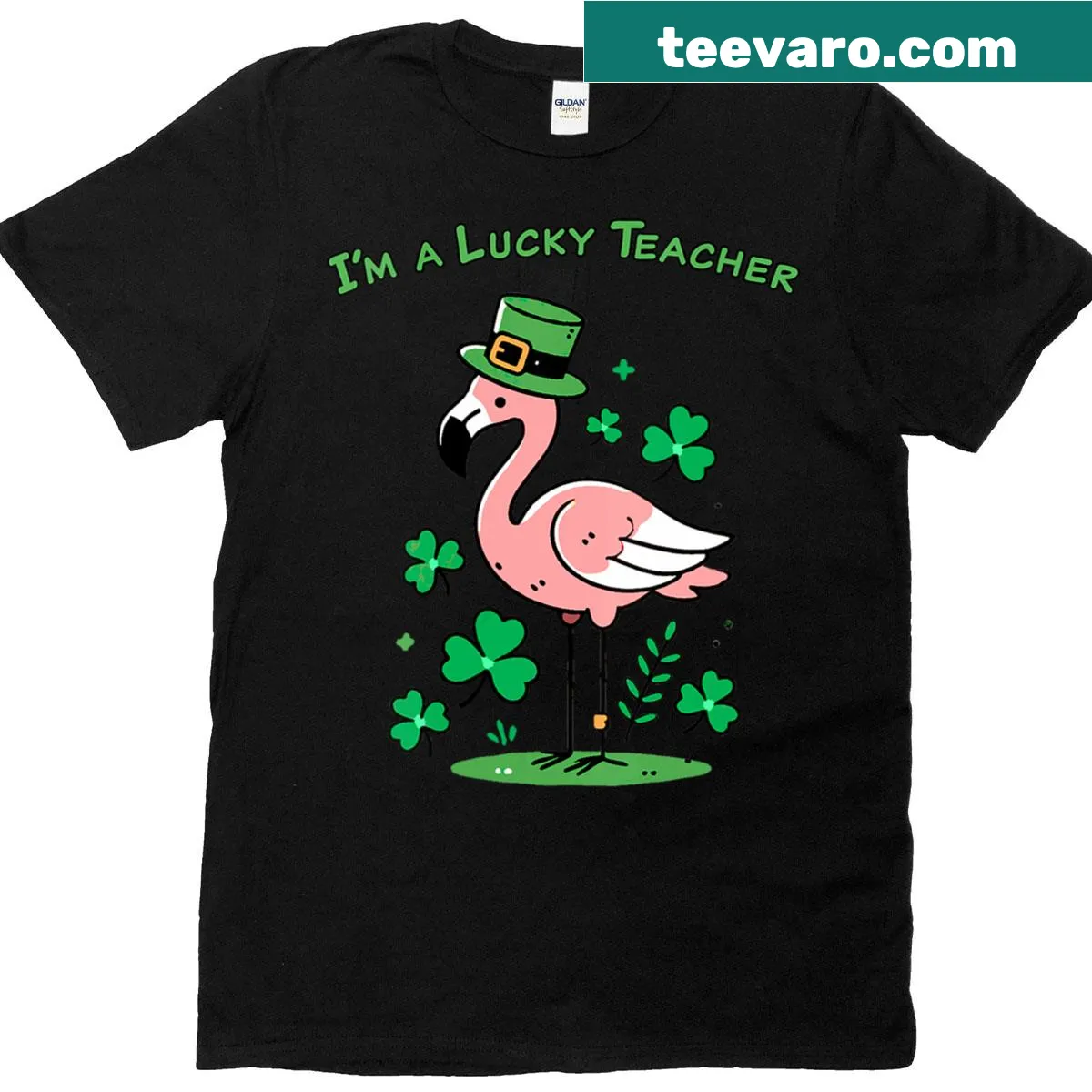 Cute flamingo design with 'Lucky Teacher' text on a v-neck t-shirt — on a men's t-shirt