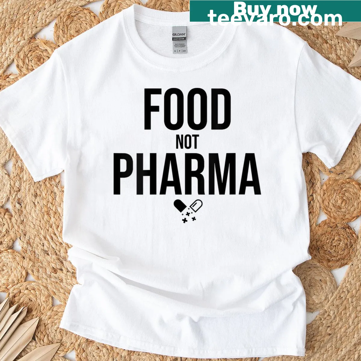 Typographic design promoting natural food over pharmaceuticals — on a men's t-shirt