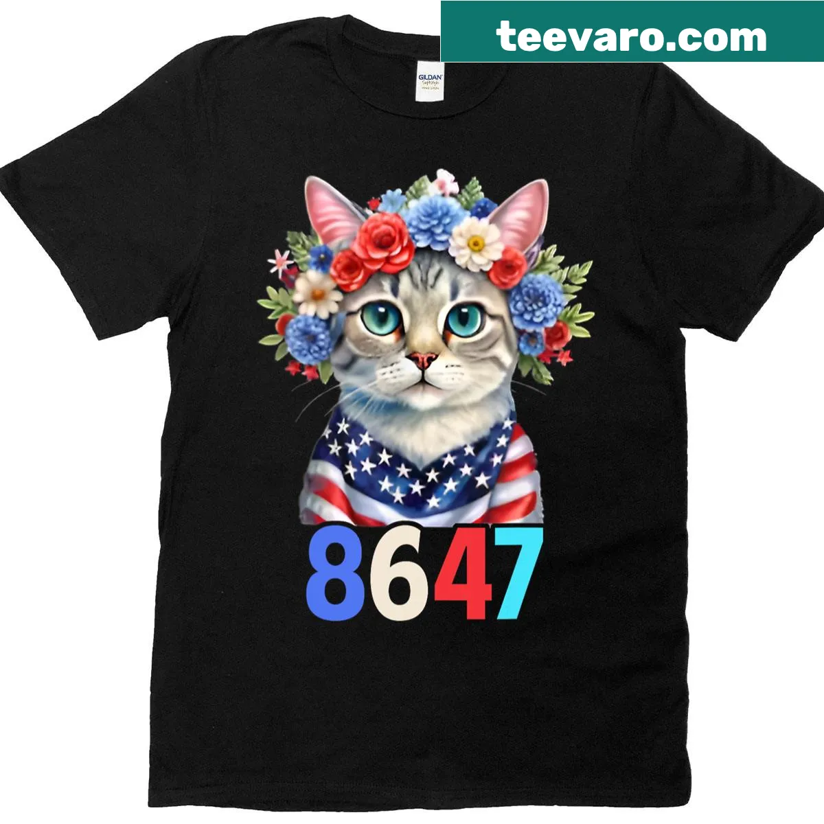 Retro cat lover T-shirt with floral design and numbers — on a men's t-shirt