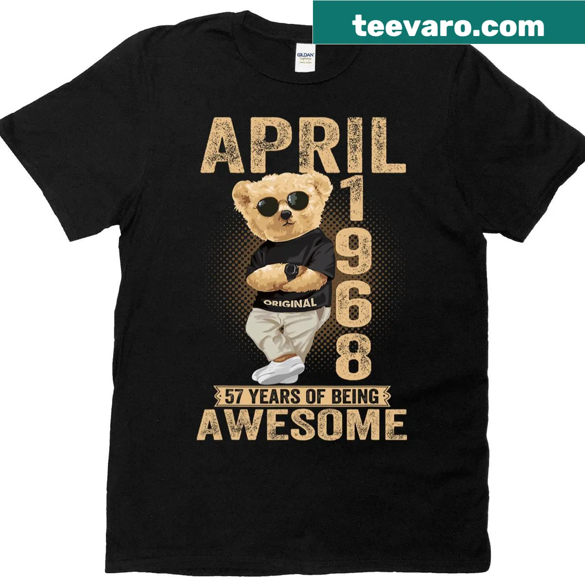 Teddy bear birthday T-shirt for April 1968 born — on a men's t-shirt