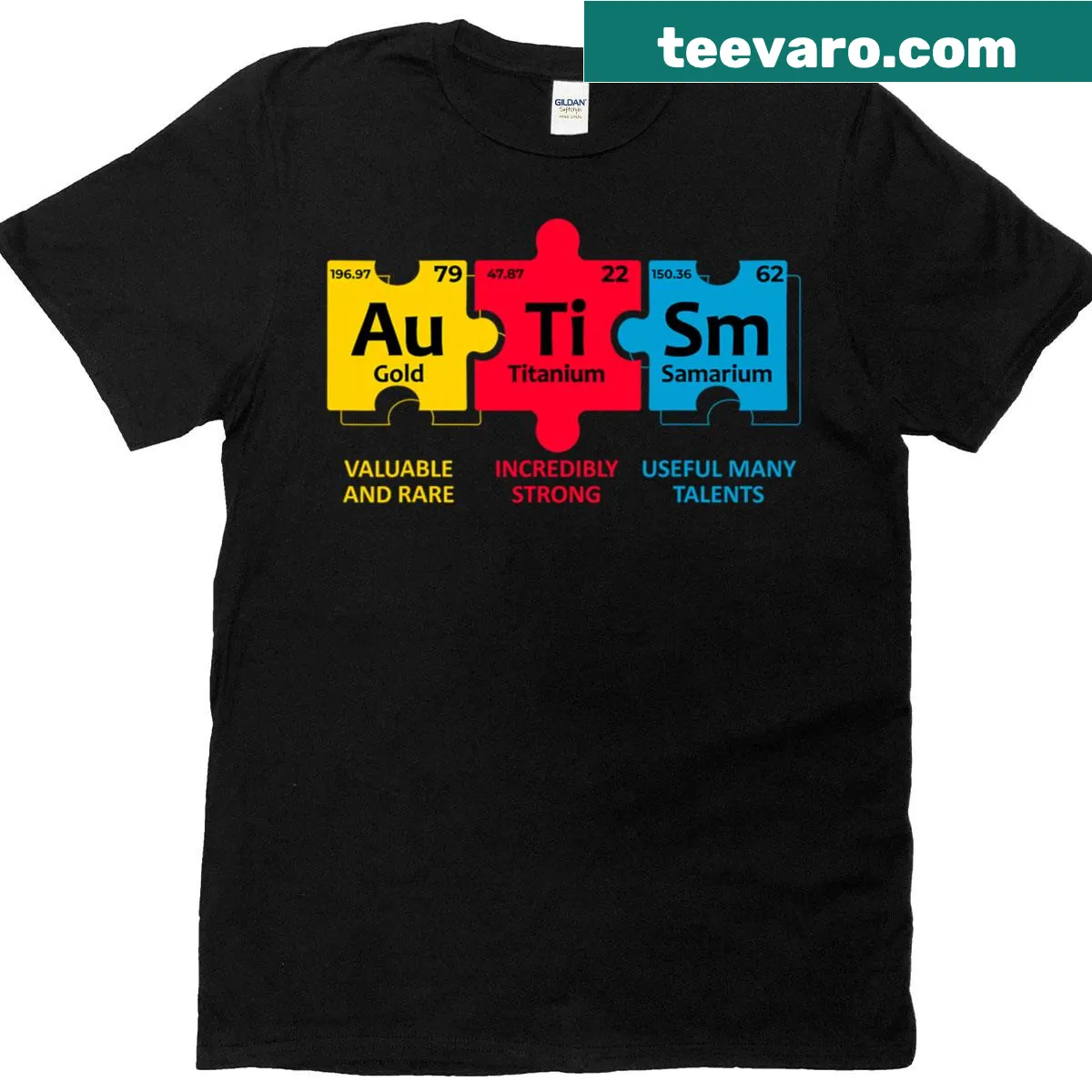Periodic table design promoting autism awareness on a t-shirt. — on a men's t-shirt