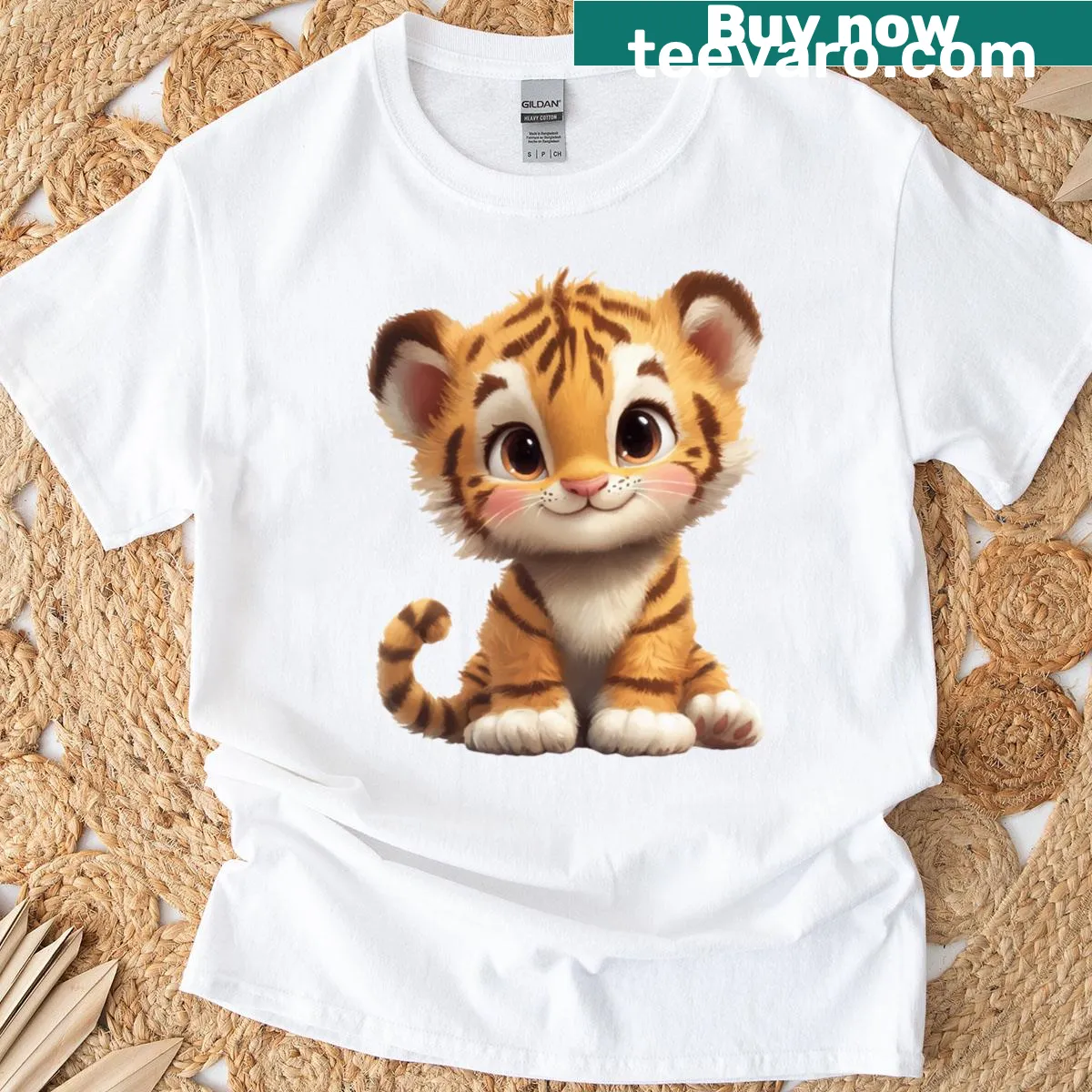 Illustrated t-shirt featuring a cute baby tiger with big eyes — on a men's t-shirt