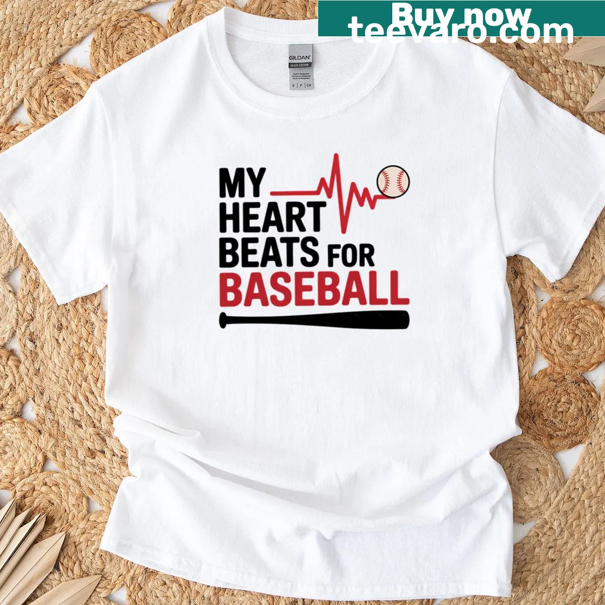 Bold baseball-themed t-shirt with the phrase 'Baseball Beats in My Heart' — on a men's t-shirt