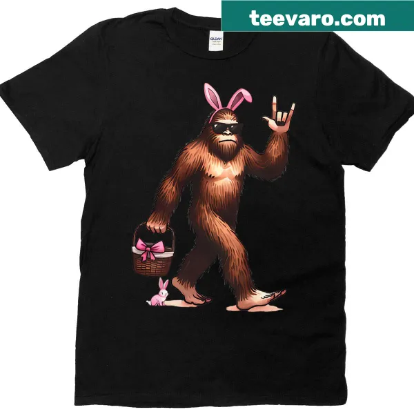 Retro Bigfoot and bunny design with Easter eggs on T-shirt