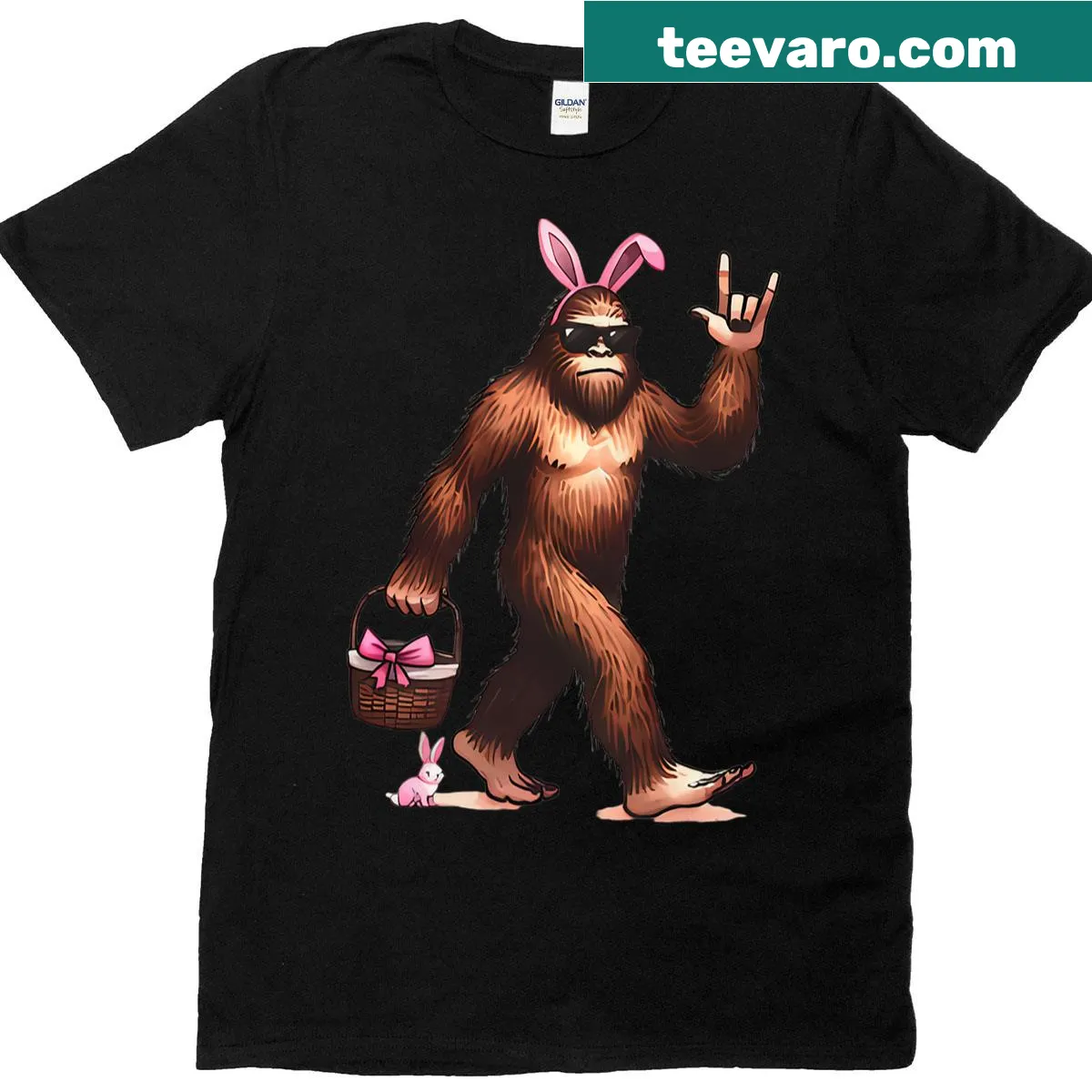 Retro Bigfoot and bunny design with Easter eggs on T-shirt — on a men's t-shirt